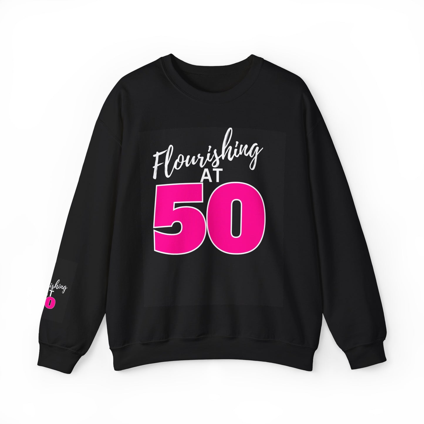 Flourishing At 50 Unisex Heavy Blend™ Crewneck Sweatshirt with Logo Artwork on Right Sleeve