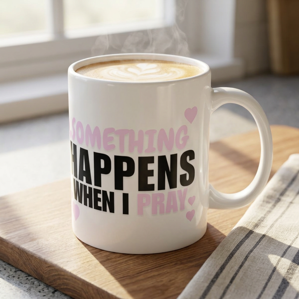 Heart Accent Ceramic Mug — "Something Happens When You Pray" Inspirational Coffee Cup