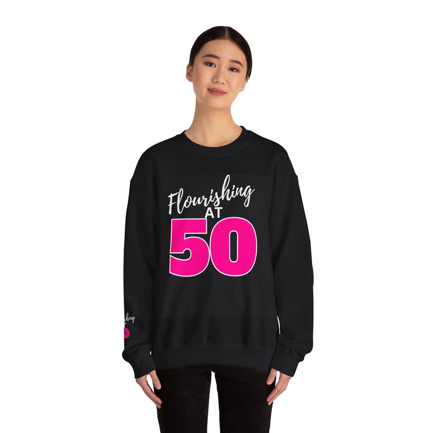 Flourishing At 50 Unisex Heavy Blend™ Crewneck Sweatshirt with Logo Artwork on Right Sleeve