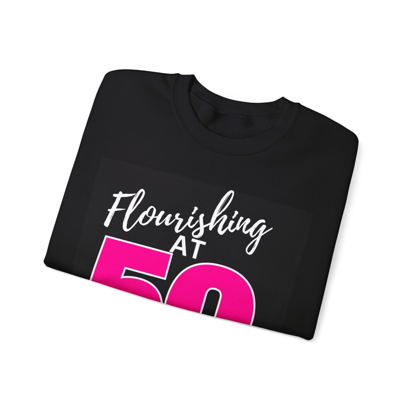 Flourishing At 50 Unisex Heavy Blend™ Crewneck Sweatshirt with Logo Artwork on Right Sleeve