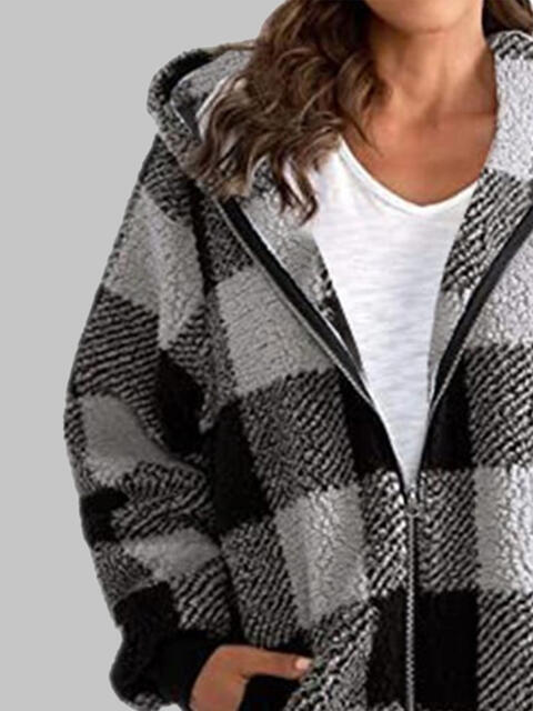 Plaid Zip-Up Hooded Jacket with Pockets